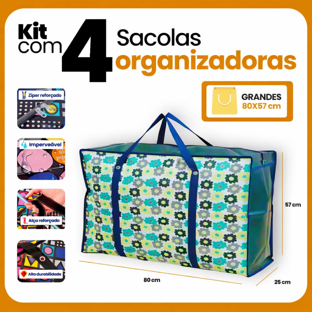Kit 4un Sacola Sacolão Mochila Bag Viagem Compras GG Impermeável 80CM Mudança