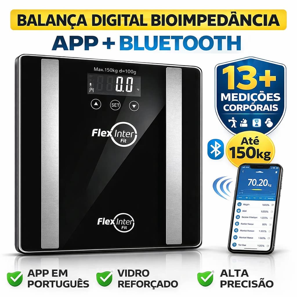 Balança Digital Corporal Bioimpedância 150kg com App LED Alta Precisão Fitness