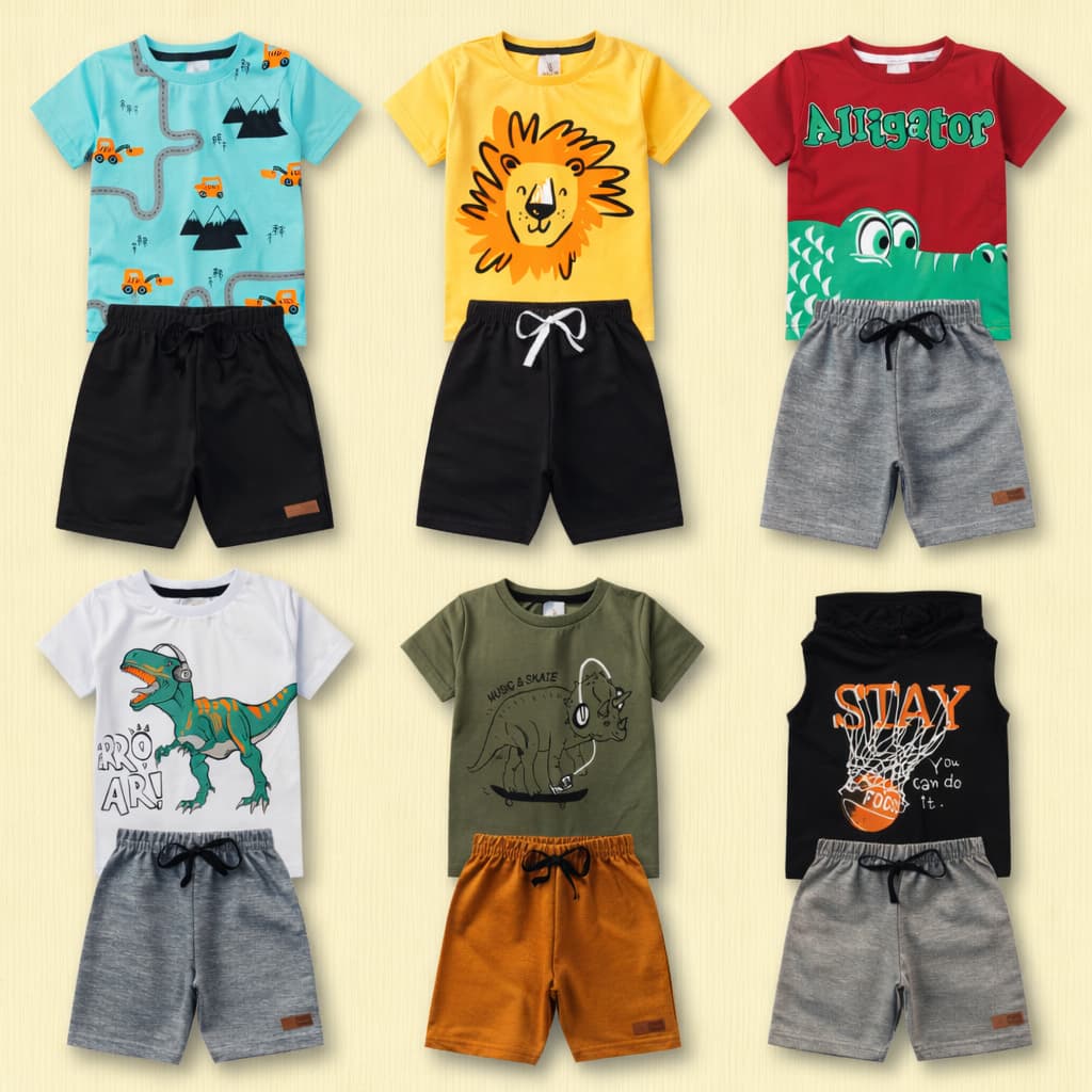 Kit 10 Peças de Roupas Infantil Menino Sortidos 5 Camisas + 5 Bermudas - Kit 5 Conjuntos Algodão