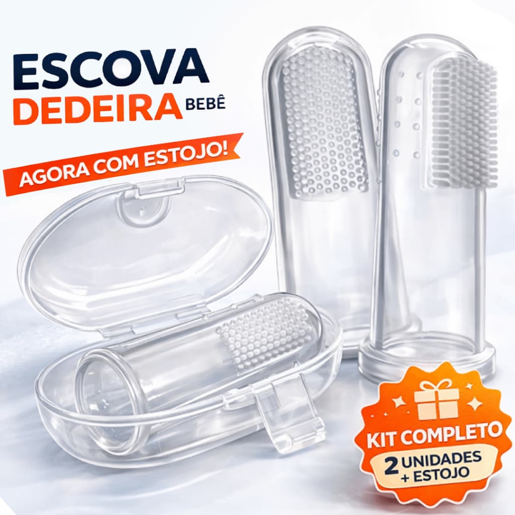 Kit 1 ou 2 Escovas de Dente Dedeira Infantil Massageadora com Estojo – P/ Bebês 2M+