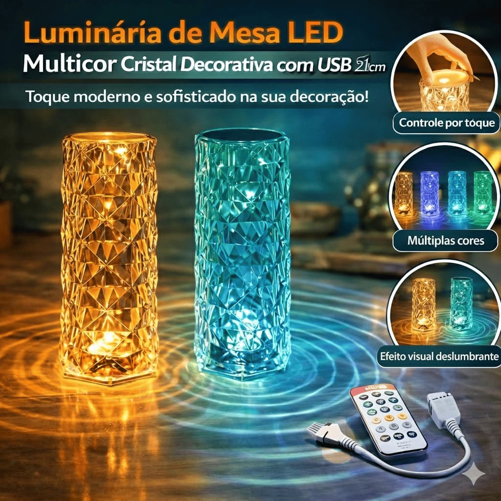 Luminária LED Cristal Multicor USB Touch Controle Remoto 21cm