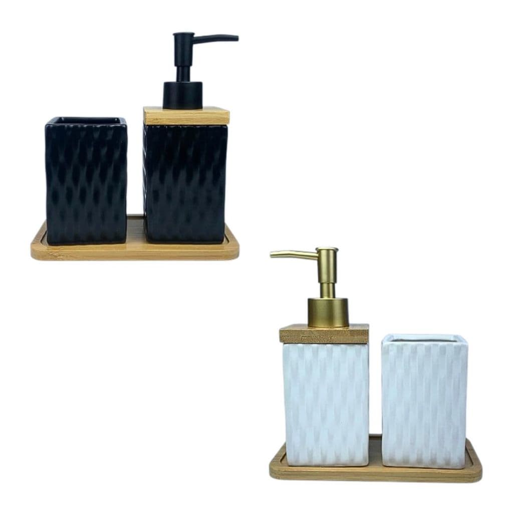 Kit Lavabo Luxo Escova Sabonete Bandeja Porcelana Quadrado