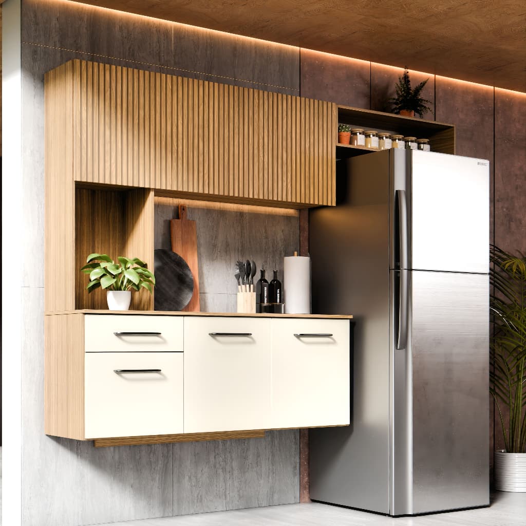 Armário de Cozinha Completo Sala de Jantar Suspenso 163cm 6 Portas e Gaveta de Parede e Nicho Joana