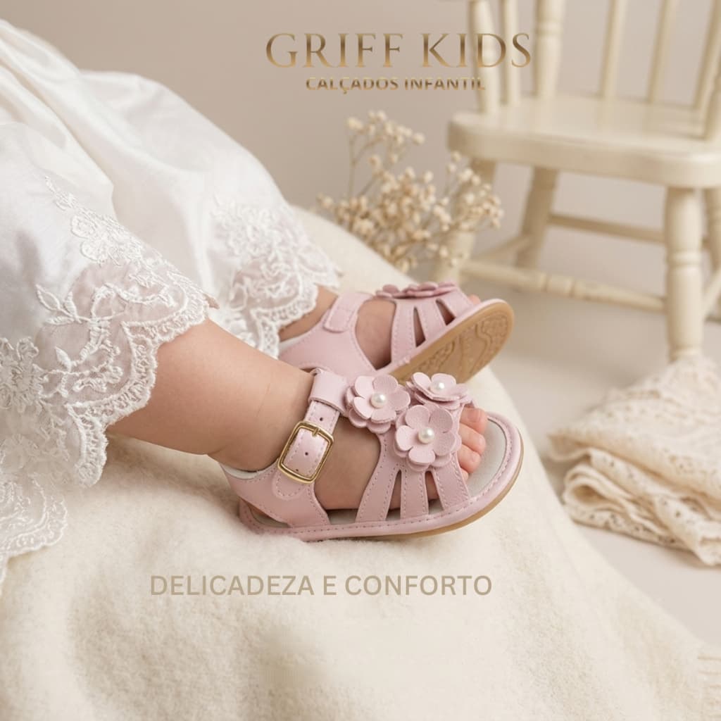 Sandália Bebê Feminina  com Flores e Pérolas Antiderrapante Confortável Batizado Festa Infantil