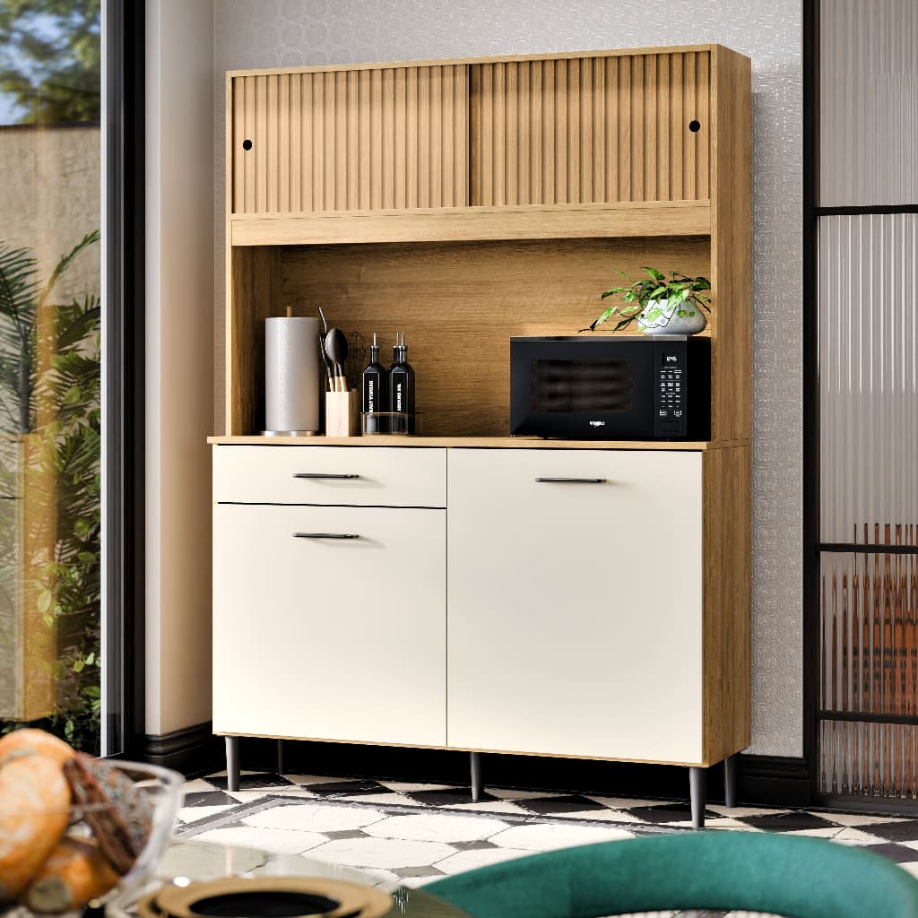 Armário de Cozinha Completo Sala de Jantar 3 Cores Ripado Com 4 Portas e Gaveta com Nicho Grazi