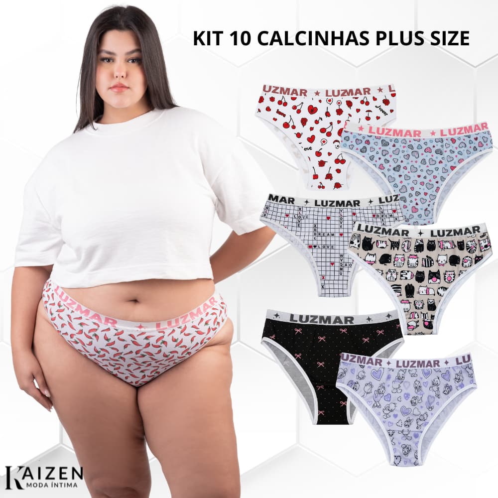 Kit 10 Calcinhas Femininas Plus Size Estampadas em Algodão Premium – Tamanhos G1 G2 G3 G4(G4)
