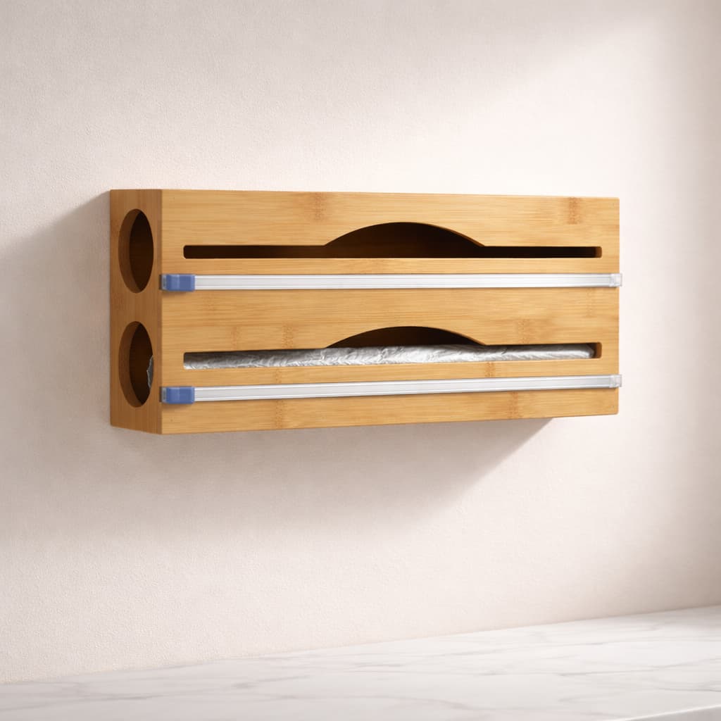 Porta Rolo Duplo Organizador Bambu Papel Alumínio Filme PVC Cortador Dispenser Cozinha Suporte