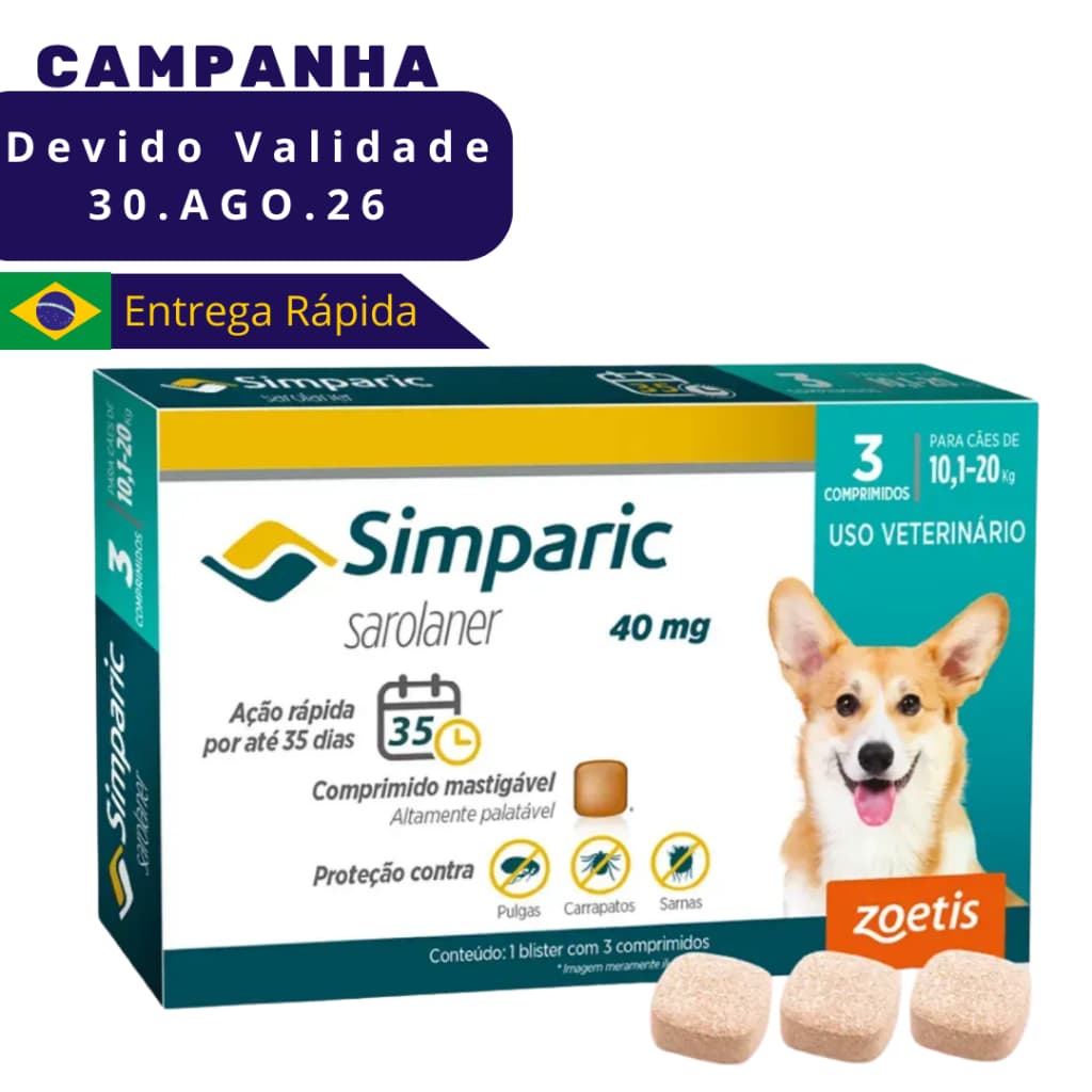 Simparic para Cães de 10,1 a 20 Kg (40 mg) Antipulgas e Carrapatos - 3 Comprimidos VENC AGO26
