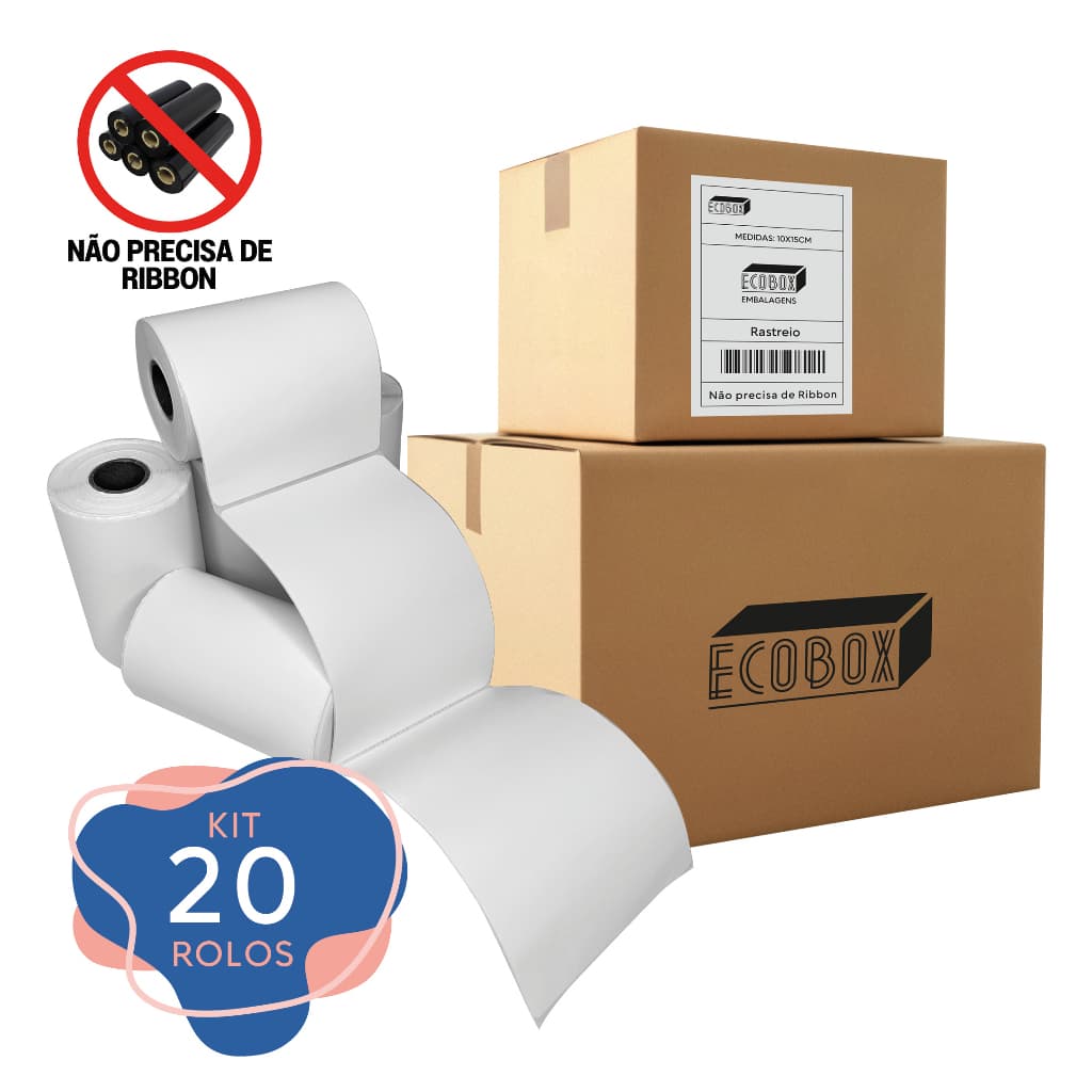 Kit 20, 10 e 5 Rolos Etiqueta Térmica 10x15cm Adesiva Serrilhada Branca Não Usa Ribbon Para Envios E-Commerce Embalagens