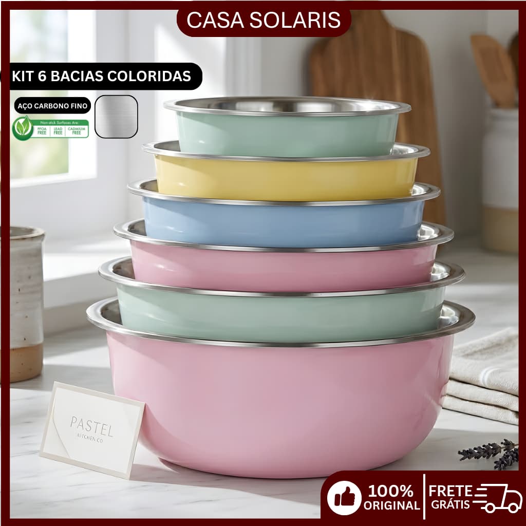 Kit 6 Tigelas Bowl Bacia Vasilha Potes Saladeira Aço Inox Cozinha Comedouro Pet Multiuso Gourmet