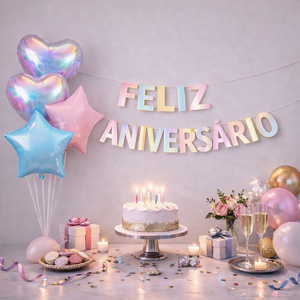 Kit Decorativo Faixa Feliz Aniversário Candy Color + Balões Metalizados Furtacor