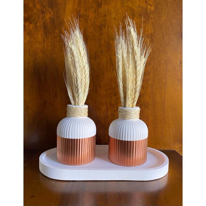 Kit Vaso Decorativo Gesso 5 itens Vasos +Trigo Seco + Bandeja Decoração Minimalista Rack Sala Escritório Presentes