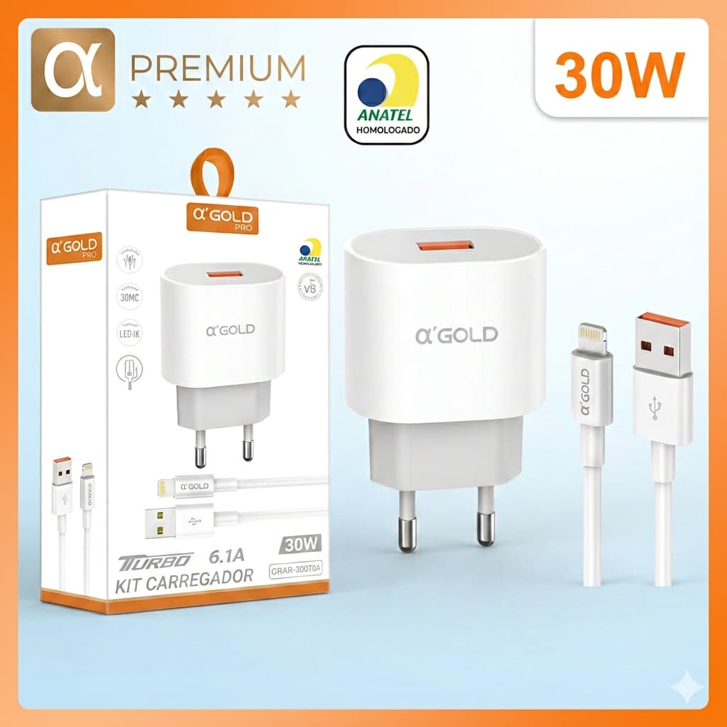 Kit Carregador iPhone 30w Turbo 6.1A USB Cabo Lightning Carregamento Rápido Original A'gold