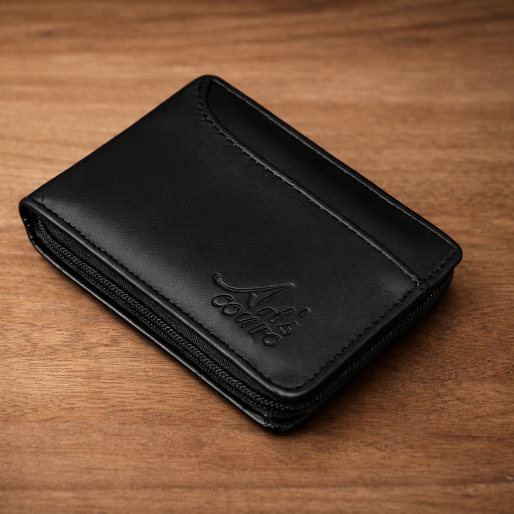 Carteira Masculina Couro Legítimo Bolso Externo com porta cartão  fechamento zíper Linha Basica presente homem namorado