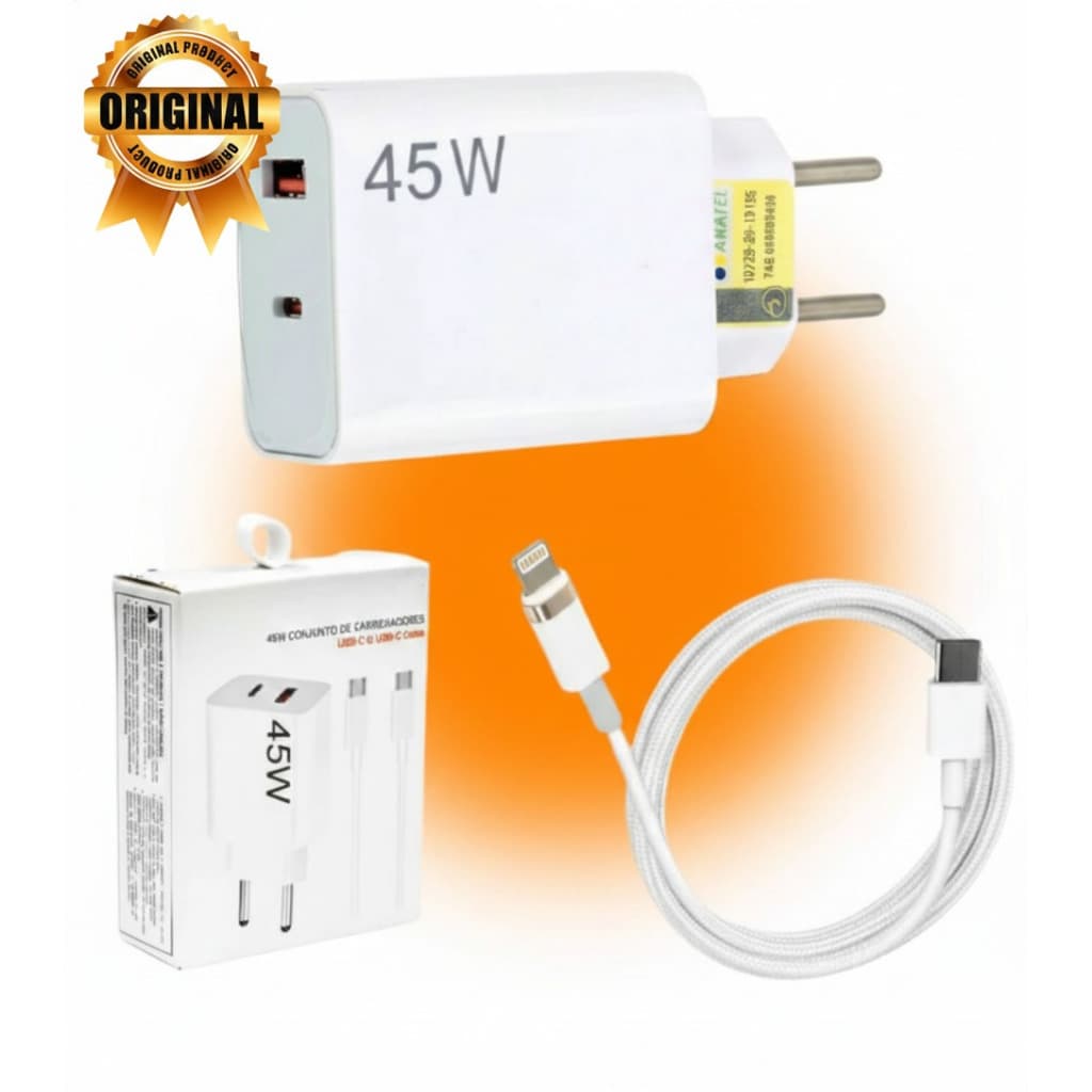 Carregador Turbo 45W USB-C para iPhone Fonte Rápida com Cabo Lightning Original Duplo USB-C Apple