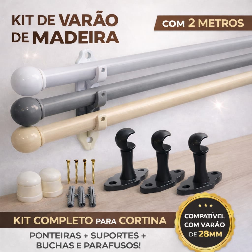 Varão Para Cortina de madeira 2,00 mts 19mm com todo kit para instalção madeira ecologioca