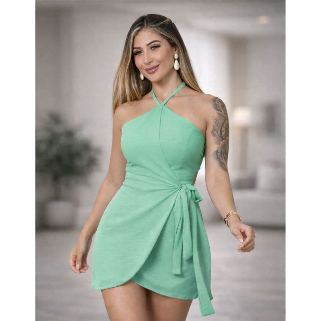 Macaquinho short Saia Frente Única Tecido Duna Amarração Laterial P ao G1