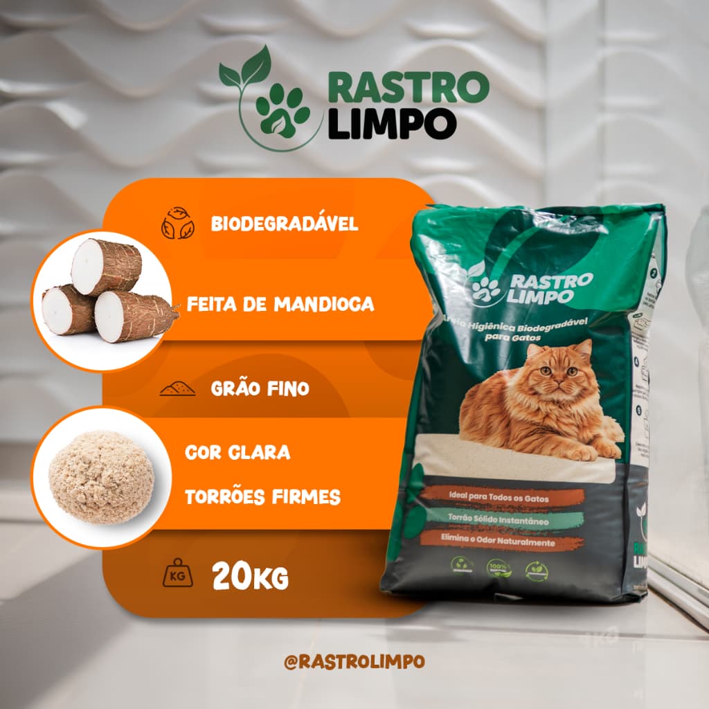 Areia 20 Kg Biodegradável Grãos Finos - Rastro Limpo Premium Torrões Firmes para Gatos