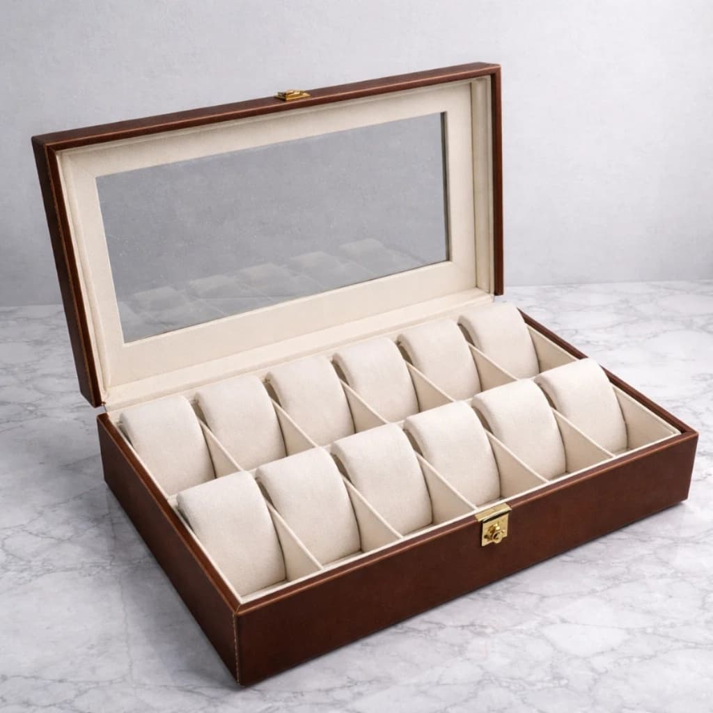 Caixa Porta Relógios Organizador Premium Para 12 Peças Estojo Em Couro Sintético E MDF