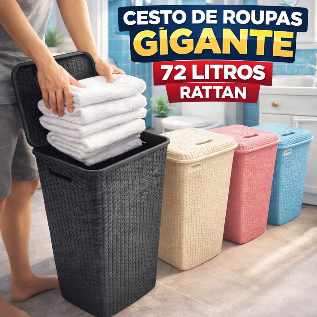 Cesto Roupa Suja 72L Rattan com Tampa Grande Organizador Lavanderia Banheiro Quarto Cesto Plástico Resistente Multiuso