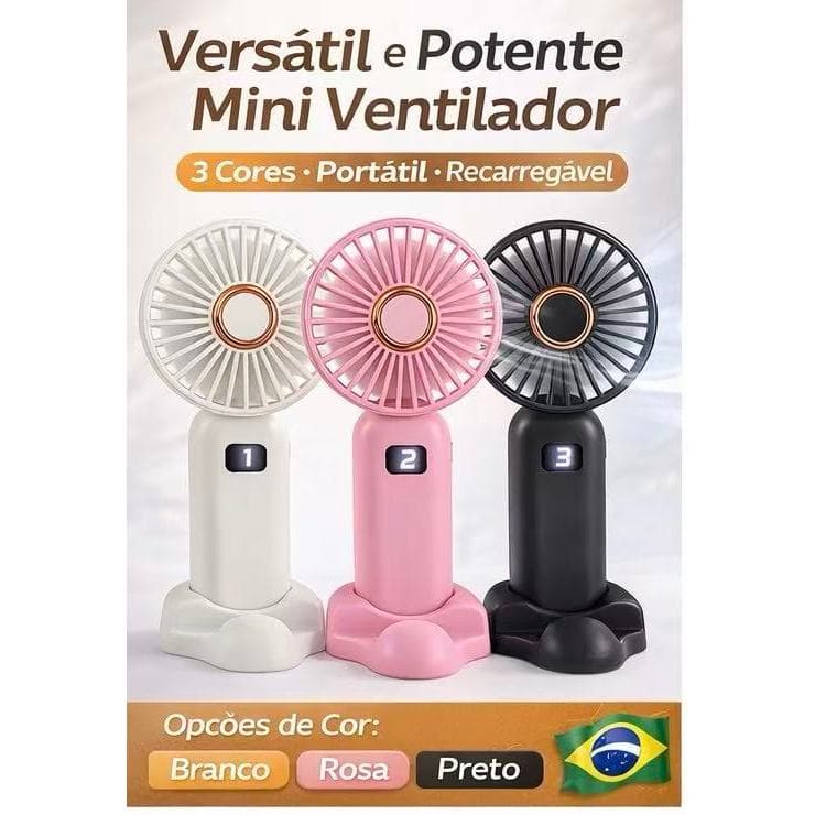 Ventilador Portátil Recarregável USB–3 Velocidades Com Suporte para Celular – Leve, Silencioso