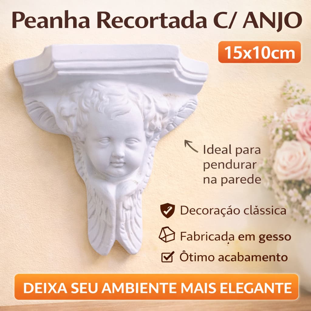 Escultura de Parede PEANHA RECORTADA C/ ANJO de Gesso 15x10cm