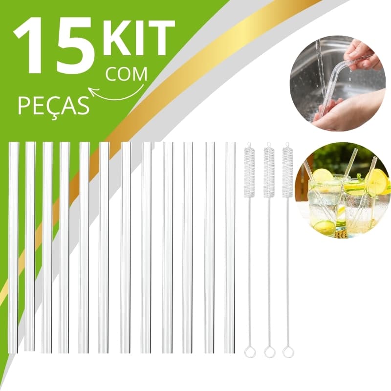 Kit 04/08/12 Canudos de Vidro Escova Transparente Ecológico e Higiênico