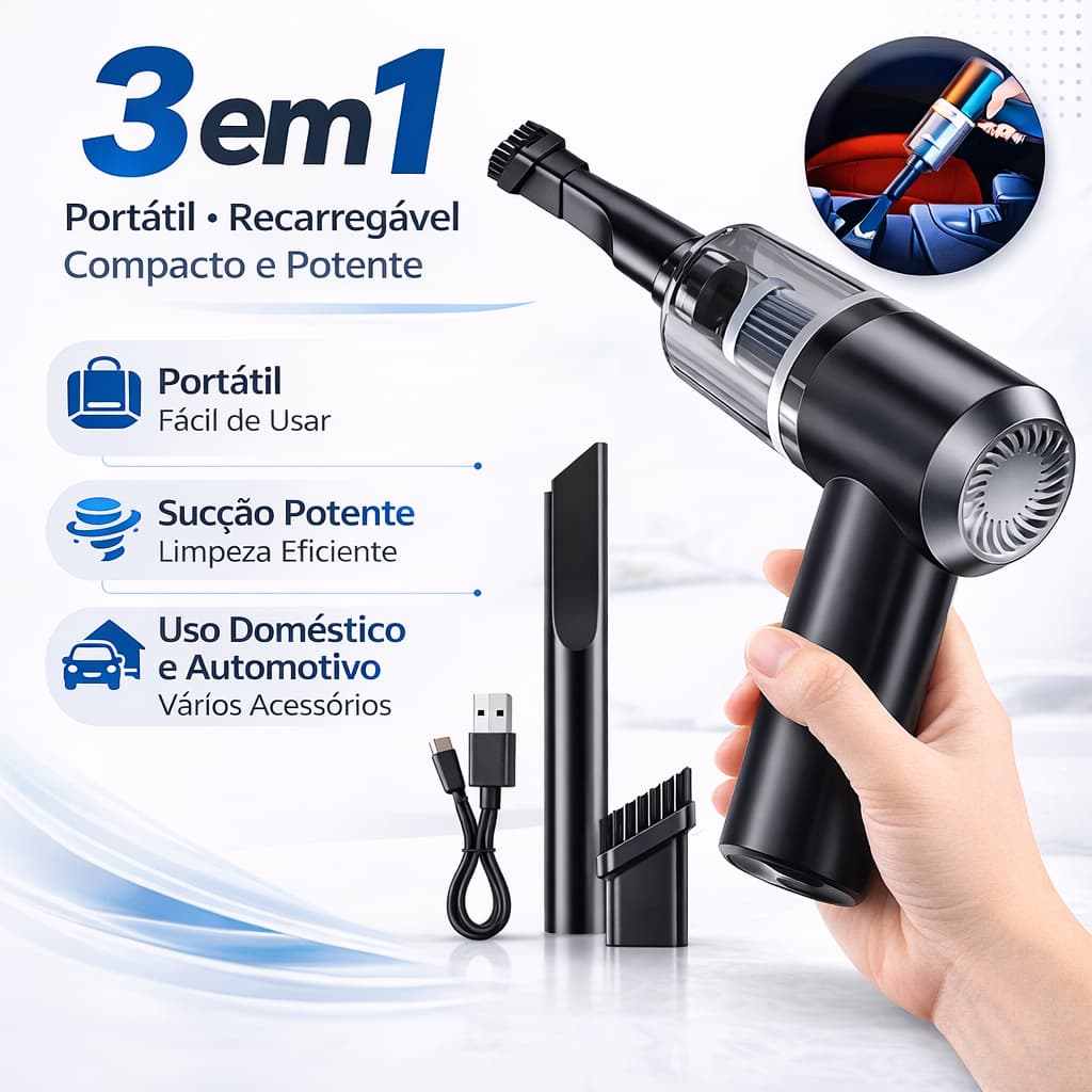 Aspirador de Pó Portátil 3 em 1 USB Recarregável sem Fio para Carro, Casa e Teclado