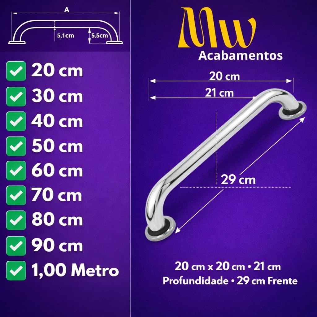 ALÇA BARRA DE APOIO 20CM ATÉ 1M CORRIMÃO PISCINAS BANHEIRO SEGURANÇA IDOSO DEFICIENTE PCD AntiQueda