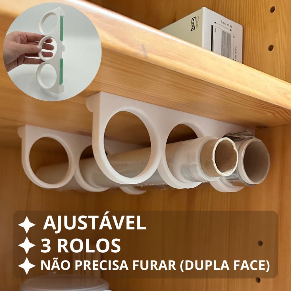Suporte Papel Alumínio Filme PVC  Papel Manteiga Ajustável Organizador de Rolos para Armário Cozinha