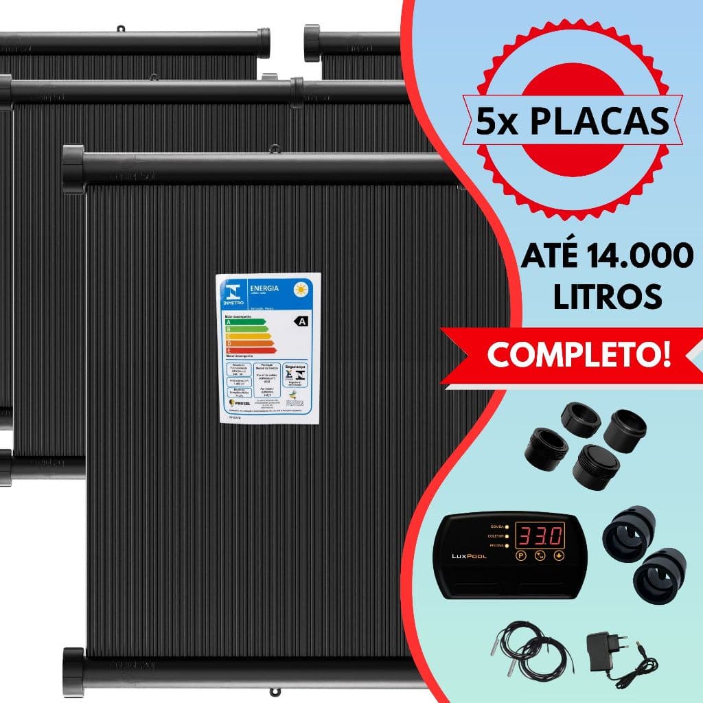 Kit Completo Aquecimento Piscina até 14.000 litros - 5 Placas 3m + Fechamento + Controlador + Luvas