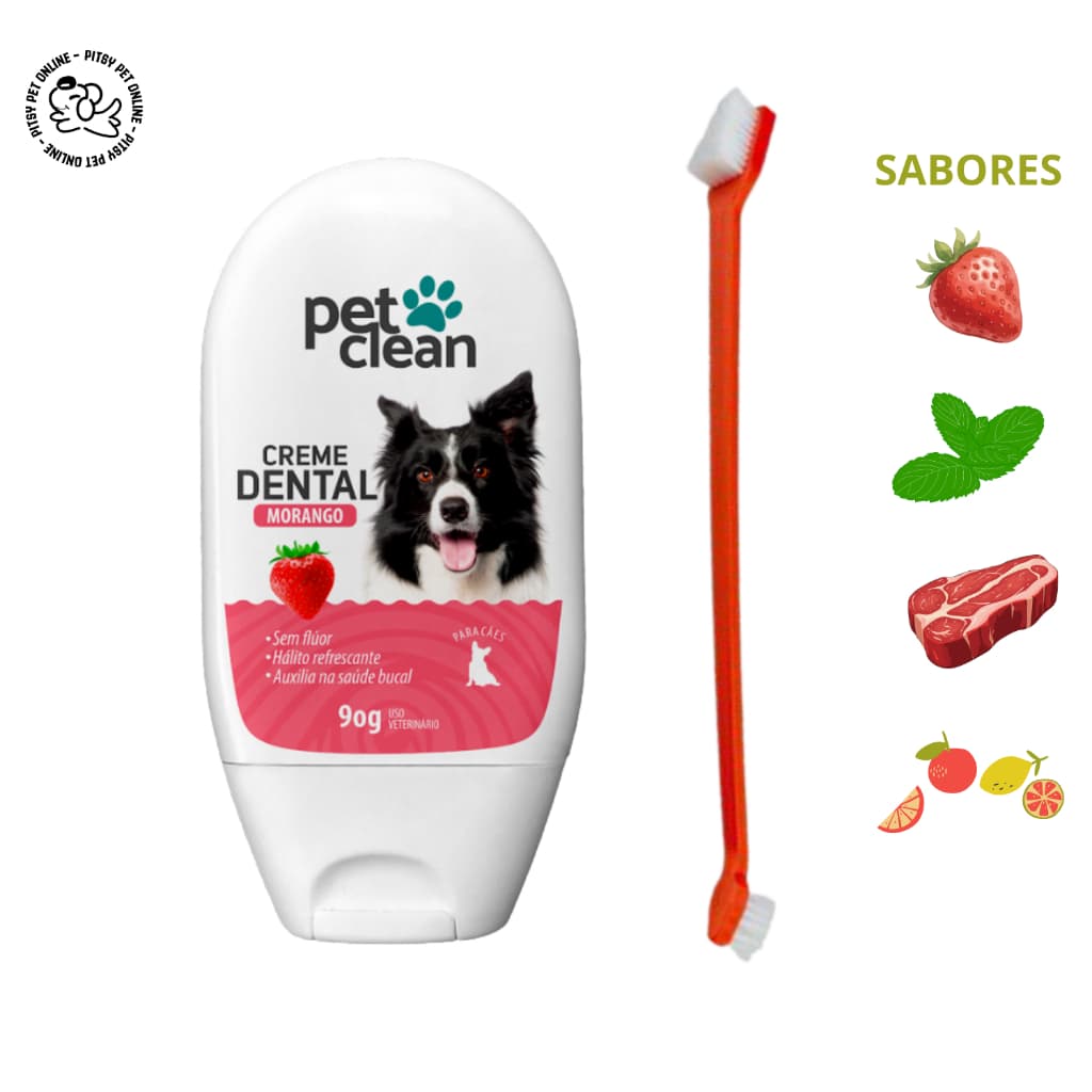 Kit Escova de Dentes Dupla e Creme Dental Pet Clean para Cães Gatos Cachorro Previne Mau Hálito