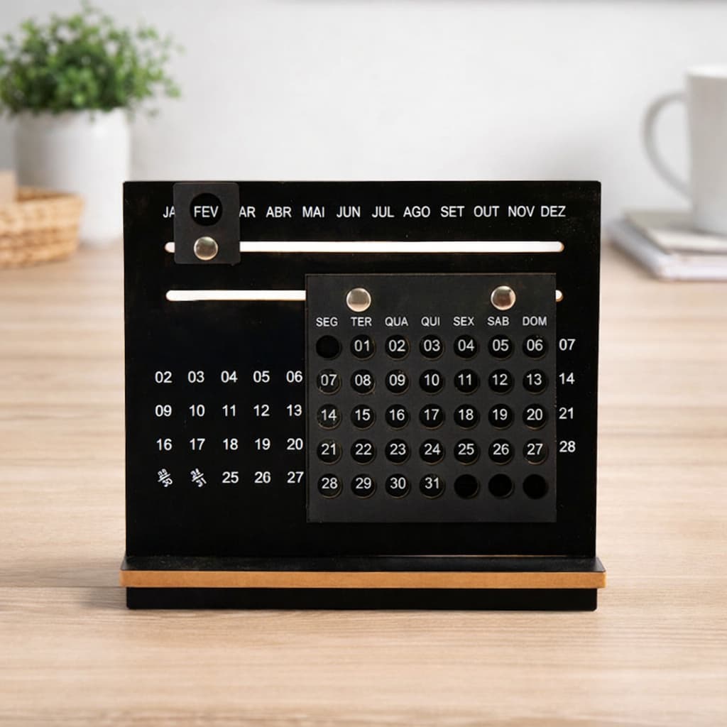 Calendário de Mesa Decorativo 24x22cm com Marcadores de Mês Dia e Semana em Madeira Personalizado