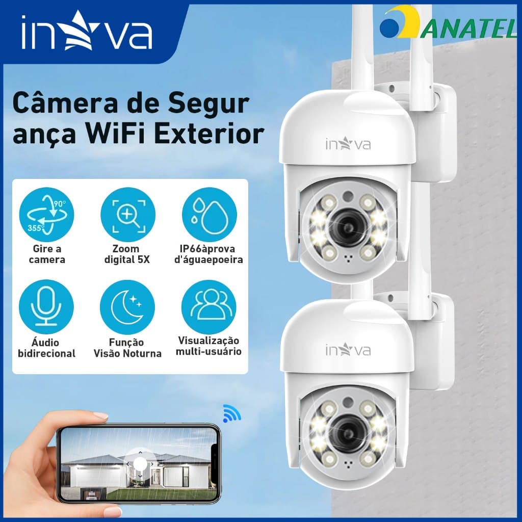 INOVA Kit Câmera segurança Prova D'água IP66 360° Visão Noturna Infravermelho 1080P Zoom