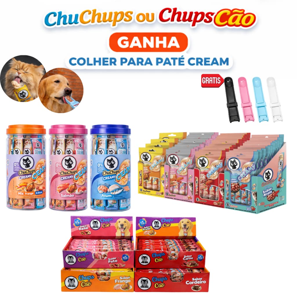 Petisco Gato e Cachorro Cream ChuChups ChupsCão Tubos 15g Tipo Churu Truly + Colher Pet Cream Brinde