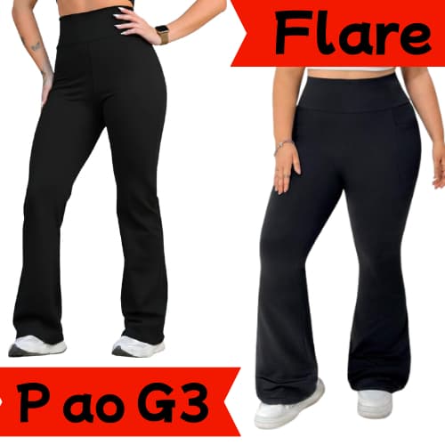 Calça Legging Plus Size Bailarina Boca de Sino Preta Cos Alto