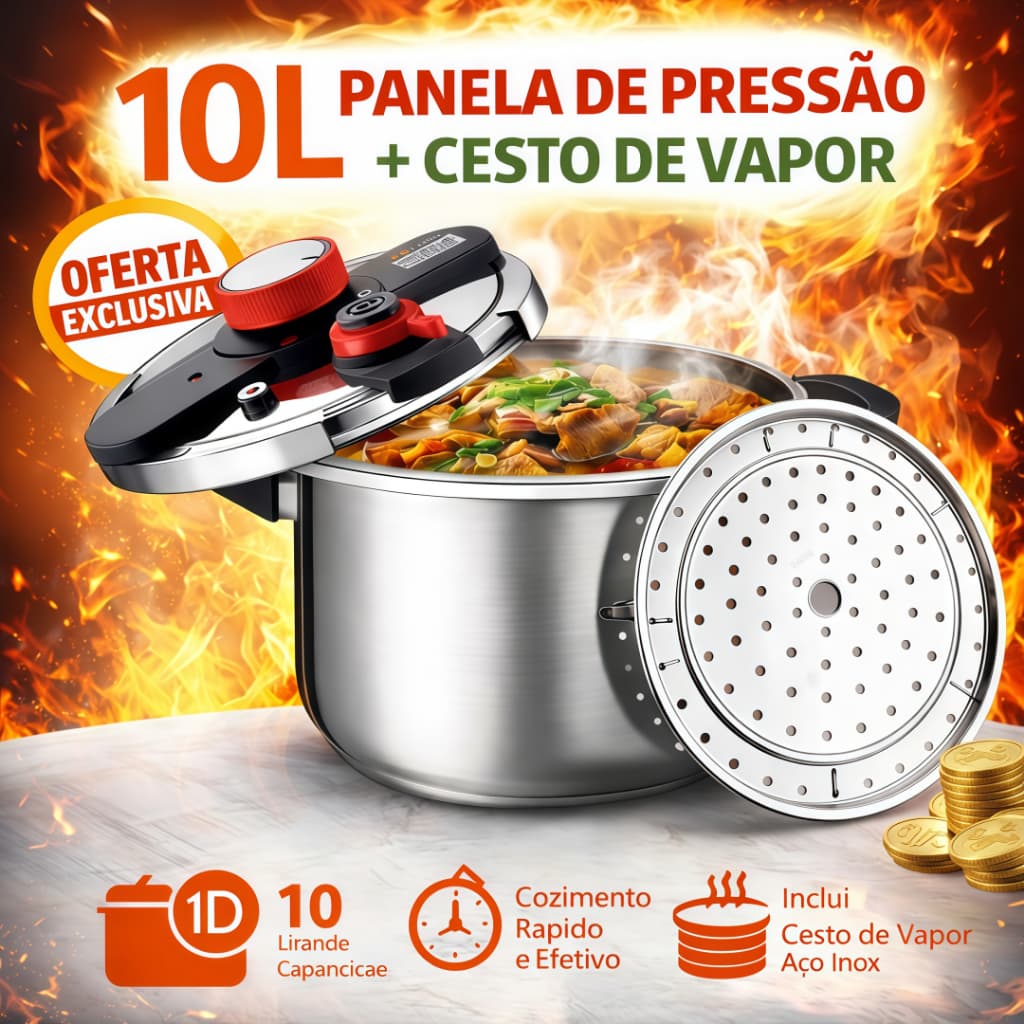 Panela de Pressão Inox 6L 8L 10L - Sistema Antiexplosão - 3 Níveis - Cozimento Rápido e Fácil