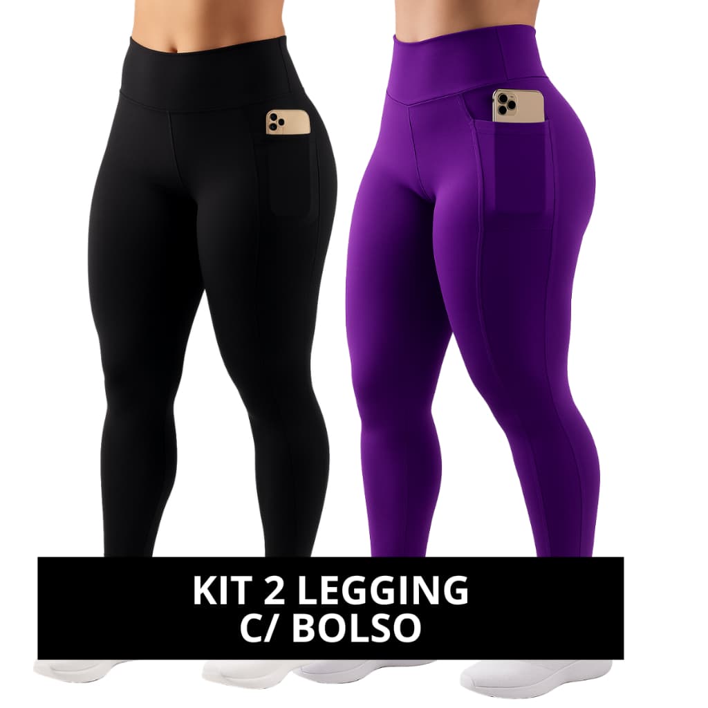 Kit 2 Calças Legging Feminina Academia Com Bolso Lateral Suplex Grosso Zero Transparência Cós Alto