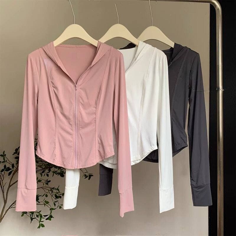 Top Esportivo Feminino Novo, Fresco, Slim, Manga Comprida, Material Seda de Gelo Anti-UV