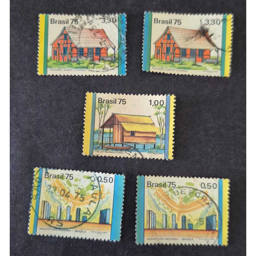 Selo dos correios parte da série habitações no Brasil, 5 selos usados. Filatelia