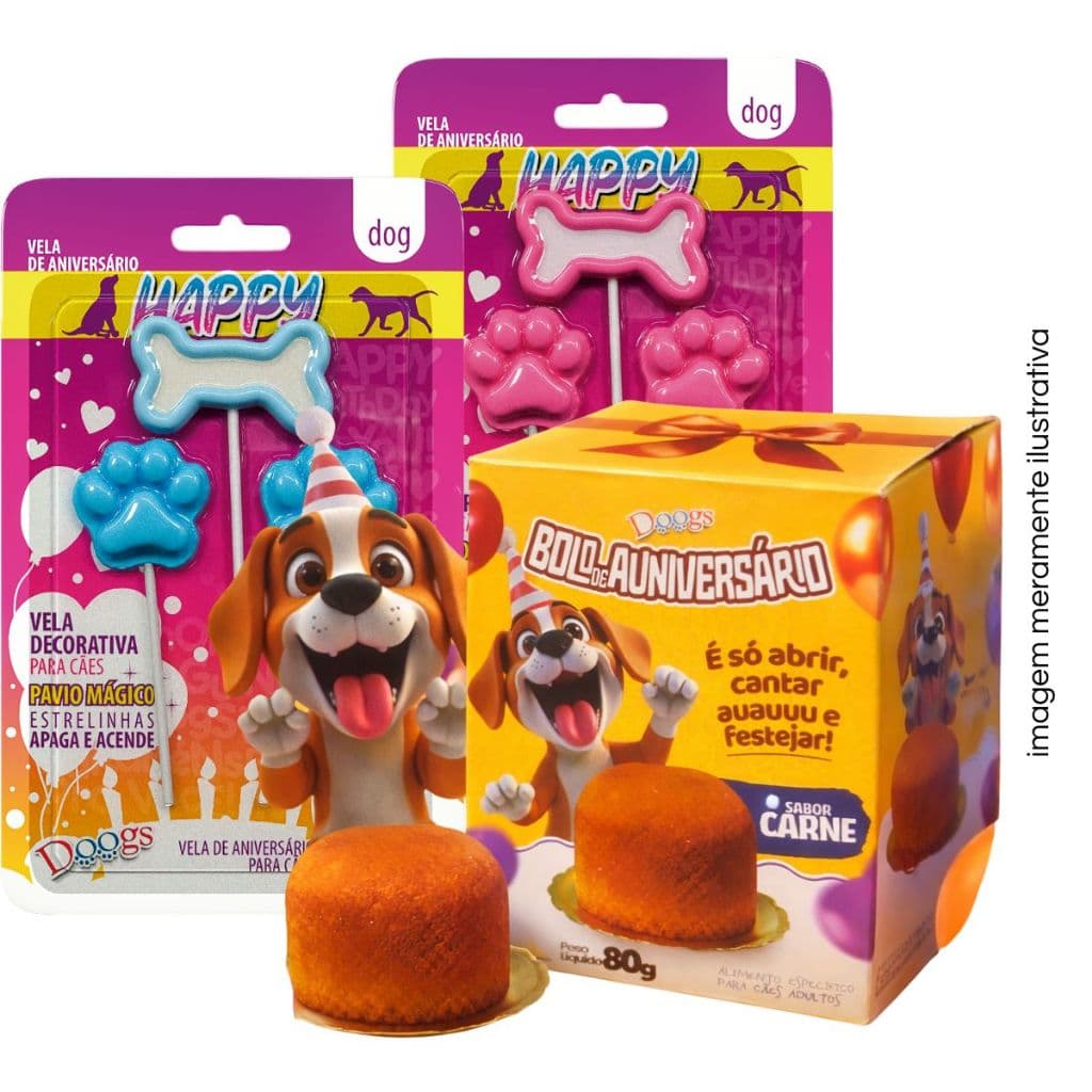 Kit Festa Aniversário Cachorro Pet Bolo + Vela Mágica DOOGS