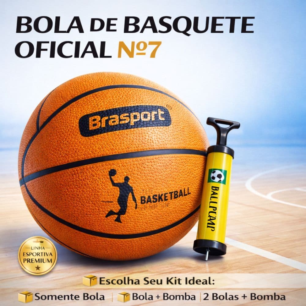 Bola de Basquete Tamanho Oficial Nº 7 Brásport Alta Durabilidade Quadra Indoor Outdoor + Bomba