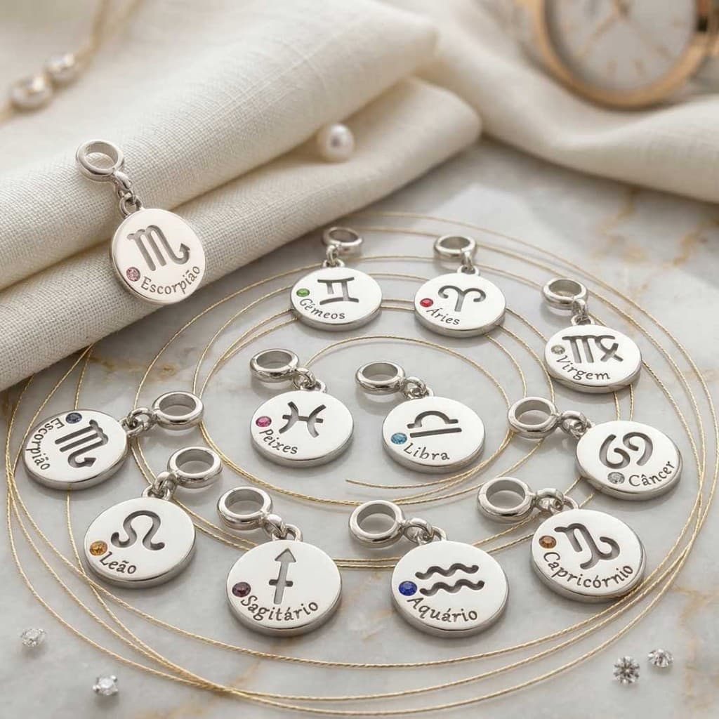 Berloques Signos e Profissões Dupla Face Redondo Prateados com Strass