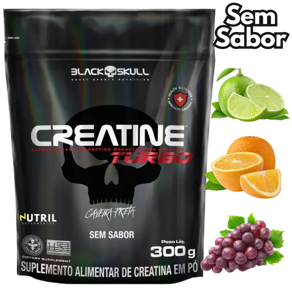 Creatina Monohidratada TURBO Refil Black Skull 300g - Creatine p/ Energia Força Ganho de Massa