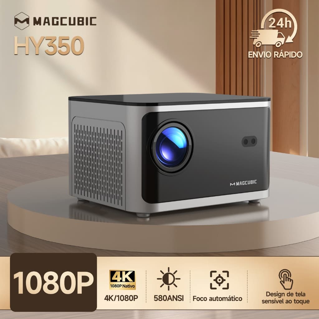 Projetor Magcubic HY350 Foco Automático 580ANSI Nativo 1080P Smart TV 2GB+32GB WiFi 6 Controle de Voz BT Bivolt