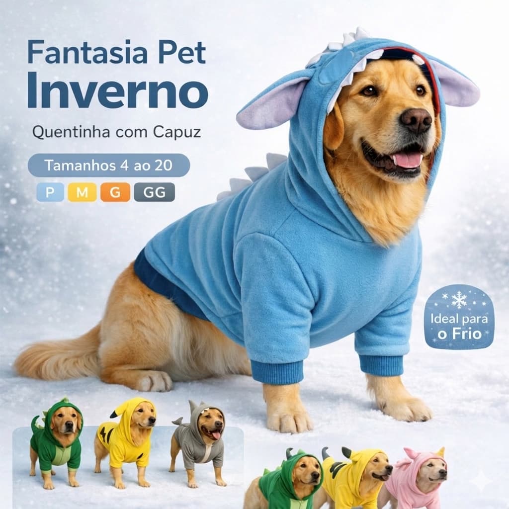 Fantasia Pet Inverno com Capuz Roupa Quente  Cachorro Personagens Stitch Dino Pikachu Tam 8 ao 20
