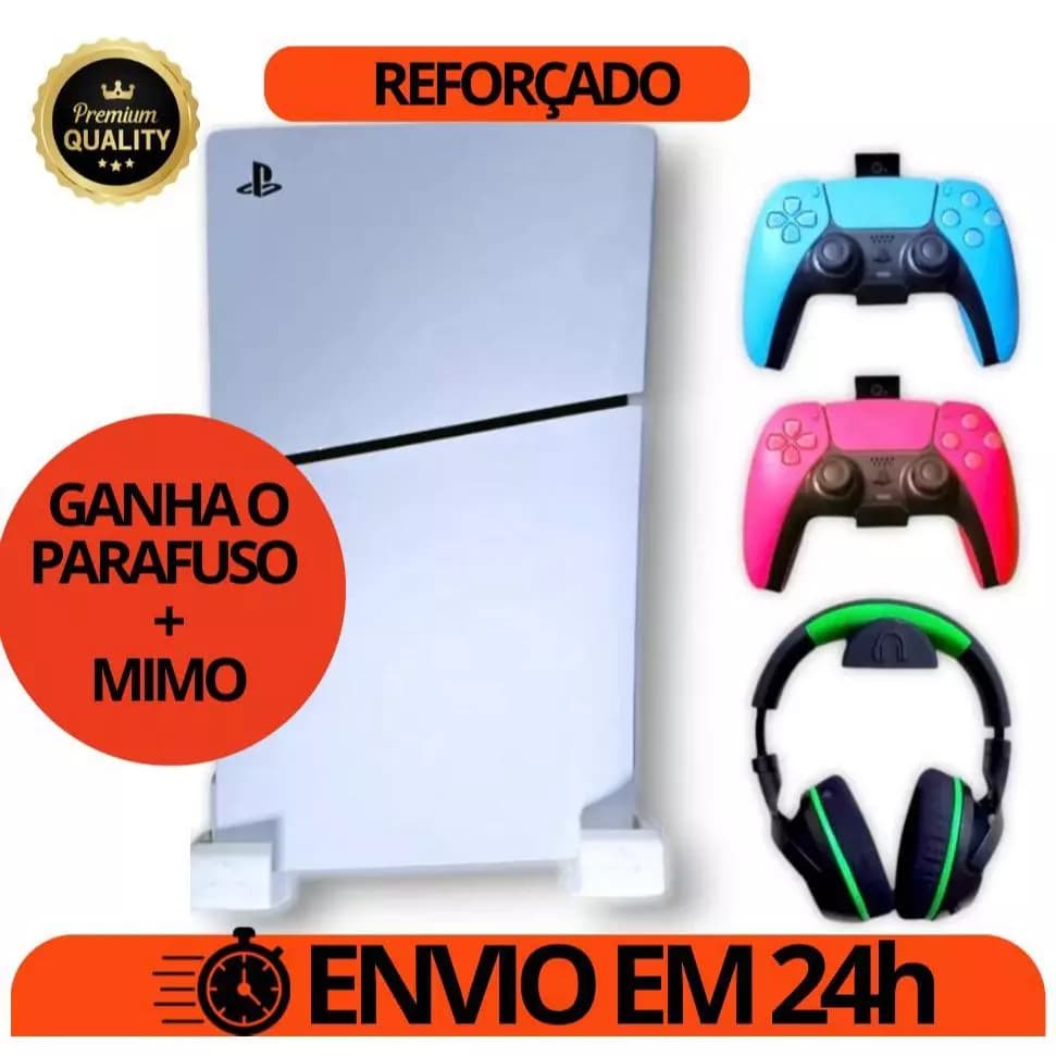 Suporte PS5 Slim DIGITAL de Parede + Kit com Suporte para Fone e Controles + Kit Com Buchas