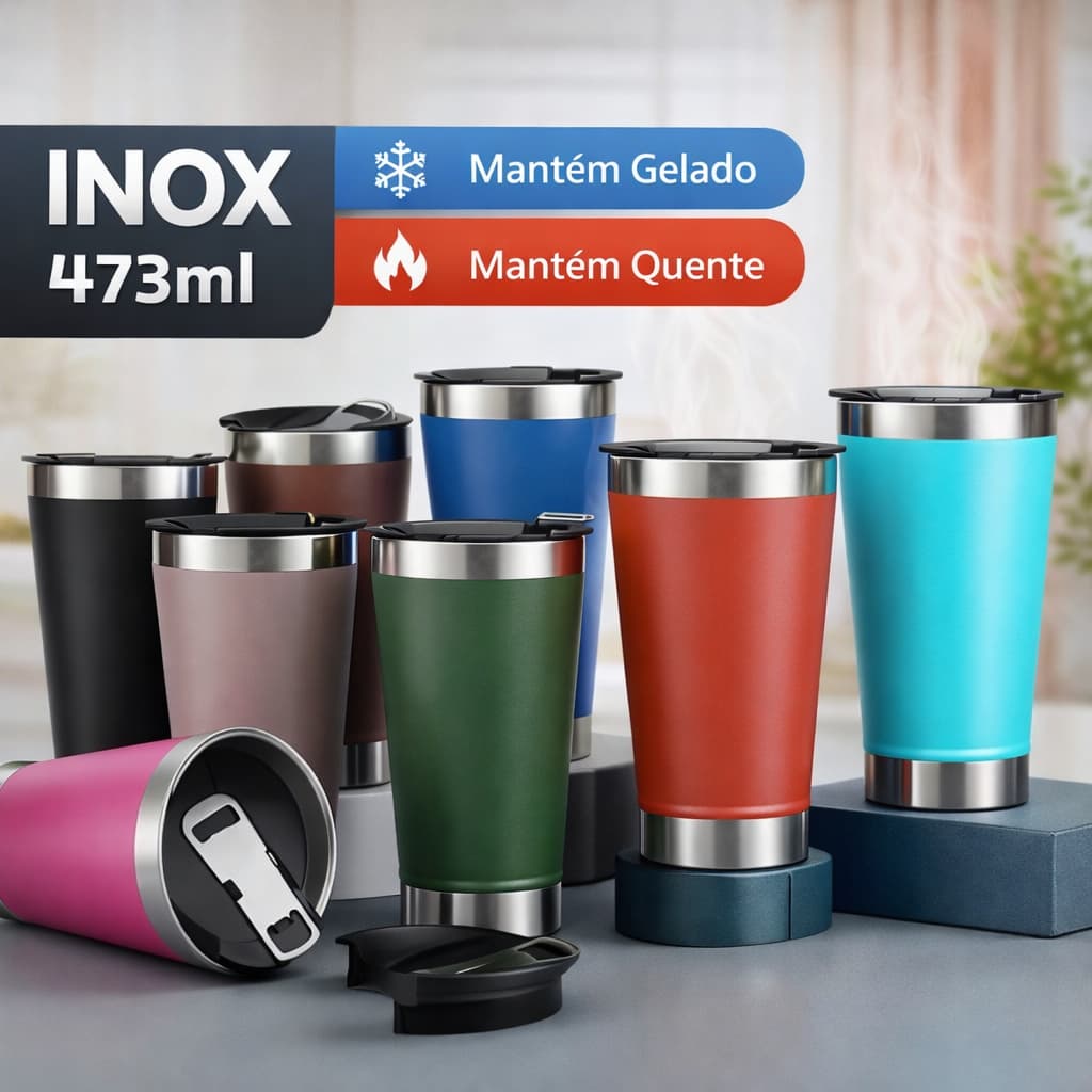 Copo Térmico 473ml Aço Inox Parede Dupla com Tampa Abridor