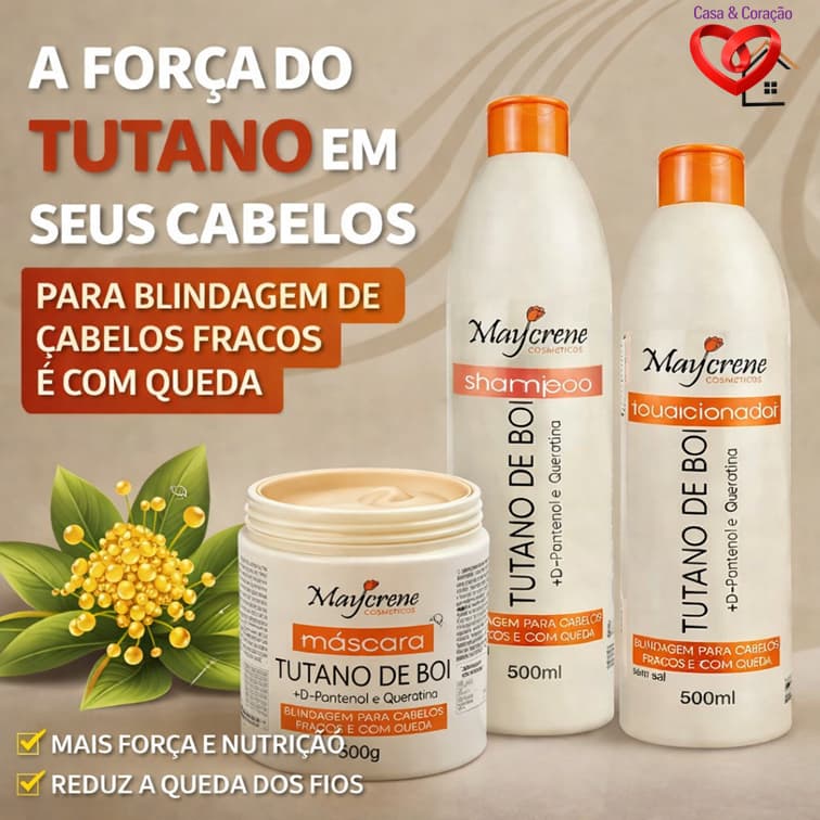 🧴 Kit 3x1 Tutano de Boi Maycrene com D-Pantenol e Queratina – Cuidado Completo para seus Cabelos