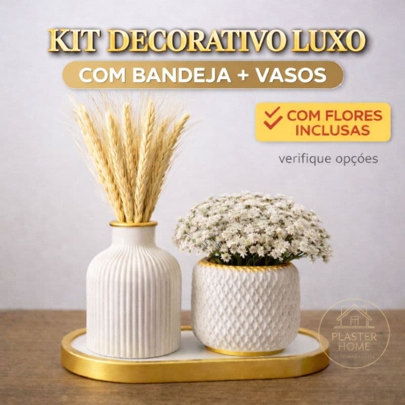 Kit Decorativo Vasos e Bandeja Gold de Gesso (presente / enfeite / casa / sala / ambiente / banheiro)